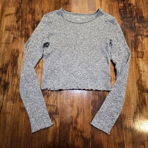 American Eagel Lettuce Trim Crop Top Long Sleeves Grey Neutral SZ Small